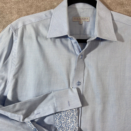 Alexandre Savile Row Button Down Shirt Mens 15.5 Blue Striped Flip Cuff Business