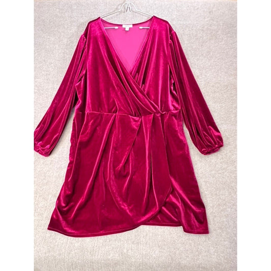 Nine West Plus Size 4X Red Velvet Faux Wrap Long Sleeve Party Dress