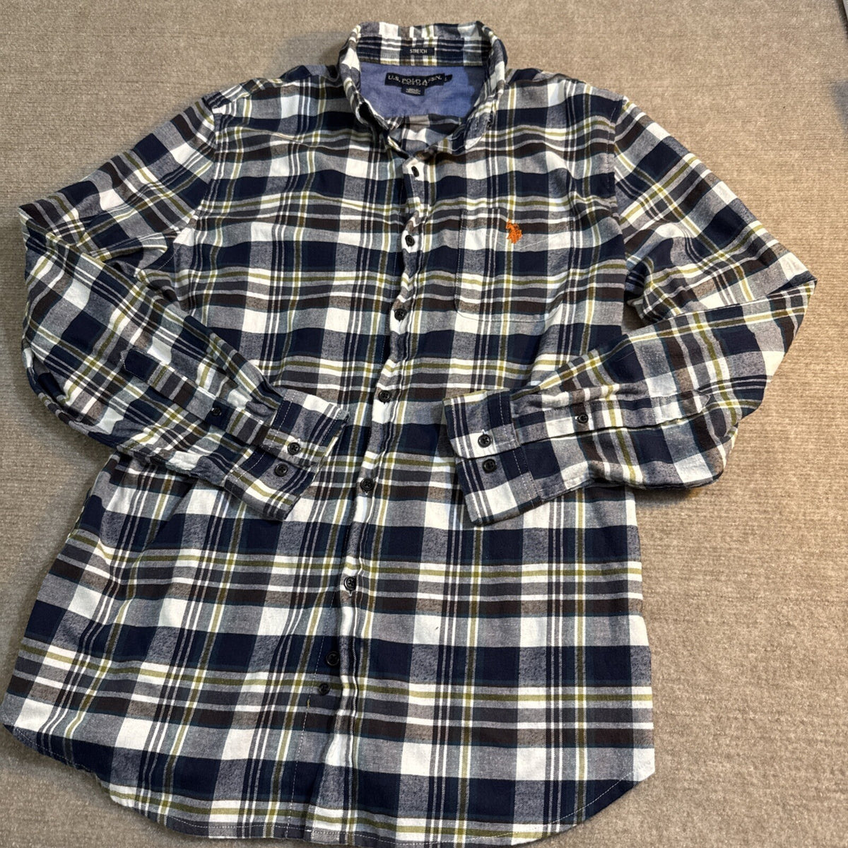 U.S. Polo Assn. Stretch Mens Flannel Button Down Shirt Size L Black Plaid NICE!