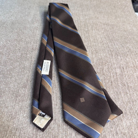 Vintage Givenchy Monsieur Necktie Mens XL Brown Striped Silk Blend Designer