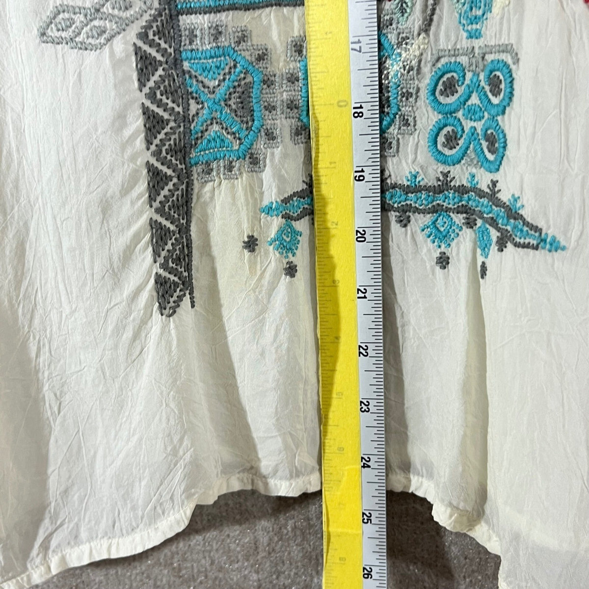Johnny Was Tunic Womens S White Floral Embroidered V Neck 3/4 Sleeve Boho