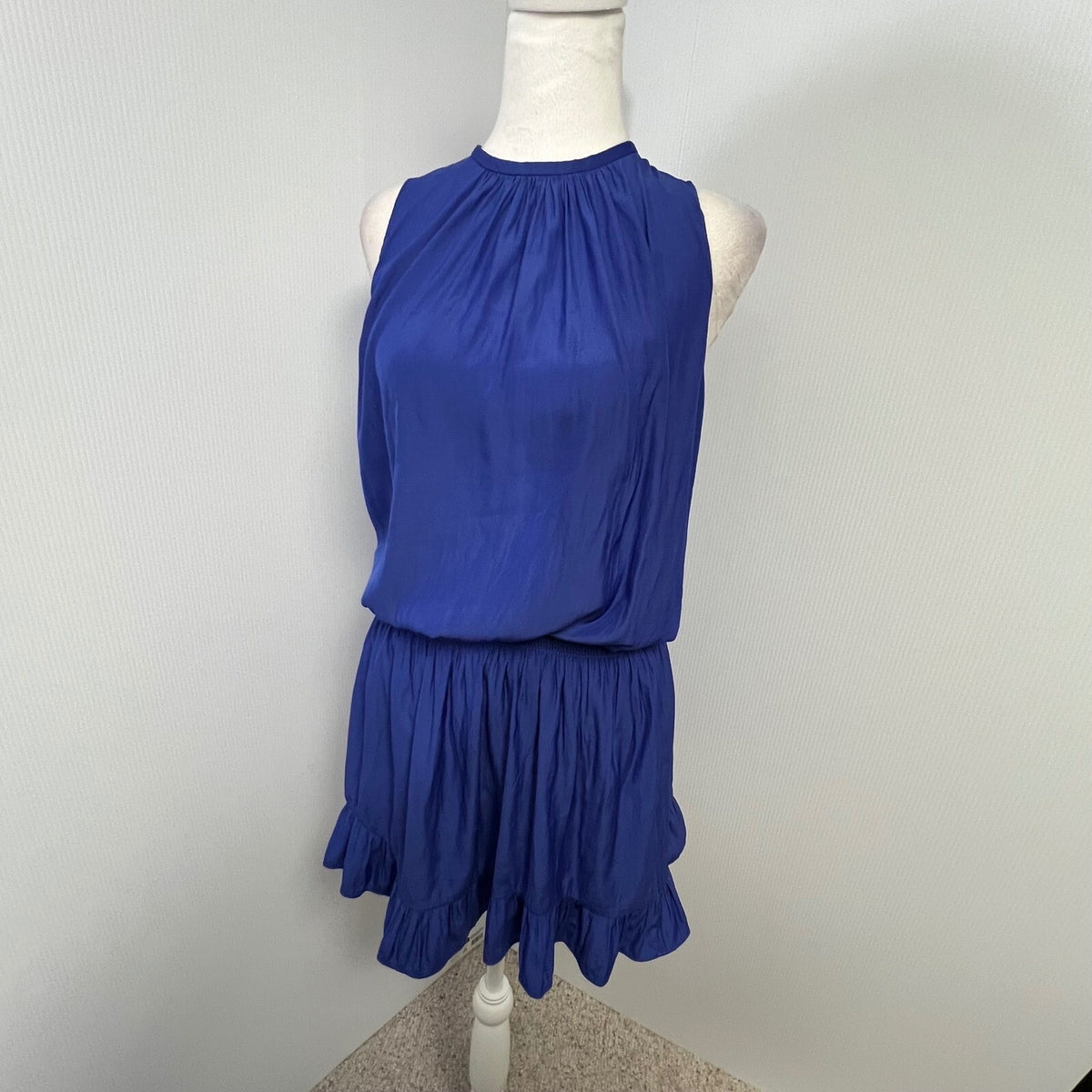 Ramy Brook New York Royal Blue Sleeveless Smocked Waist Ruffle Hem S Mini Dress
