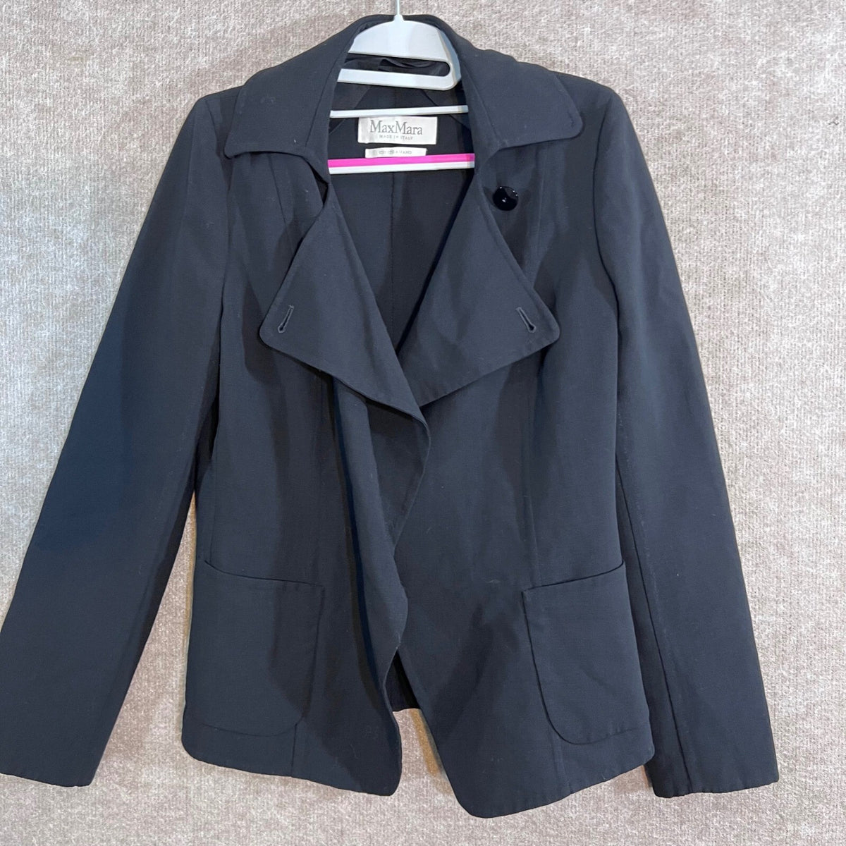 Max Mara Jacket Womens 8 Black Virgin Wool Hand Sewn Asymmetric Office Chic