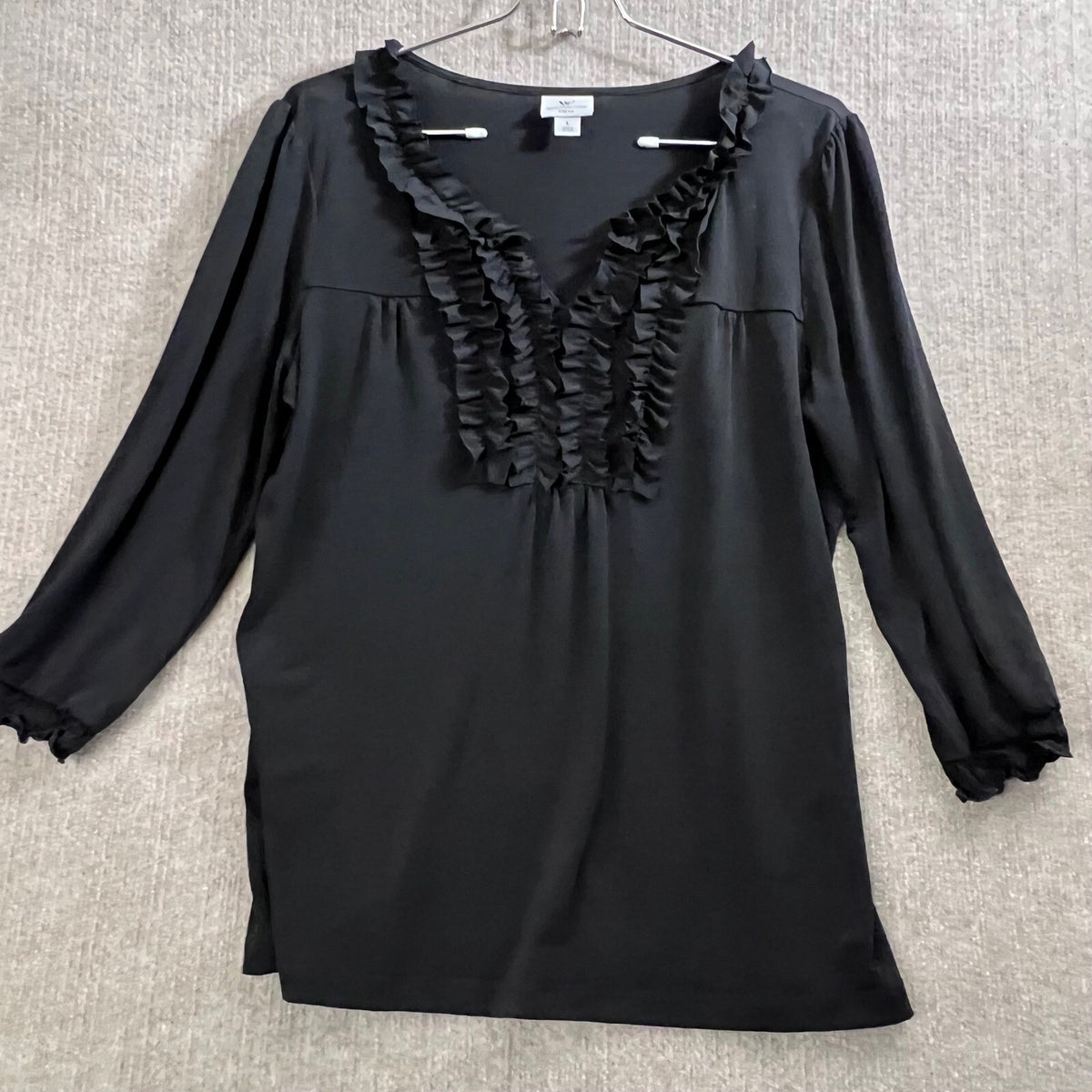 Worthington Women's Black Ruffle V-Neck Long Sleeve Stretch Blouse Top Size L