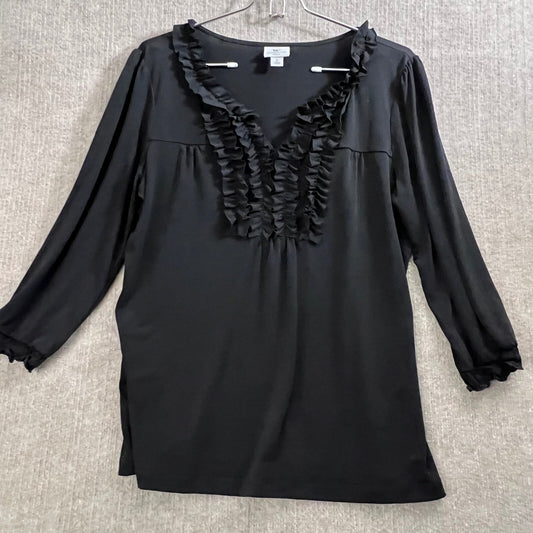Worthington Women's Black Ruffle V-Neck Long Sleeve Stretch Blouse Top Size L