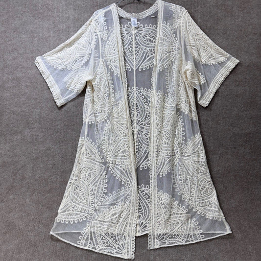 Cream Lace Kimono Cardigan Duster Open Front Boho Festival Lightweight L XL