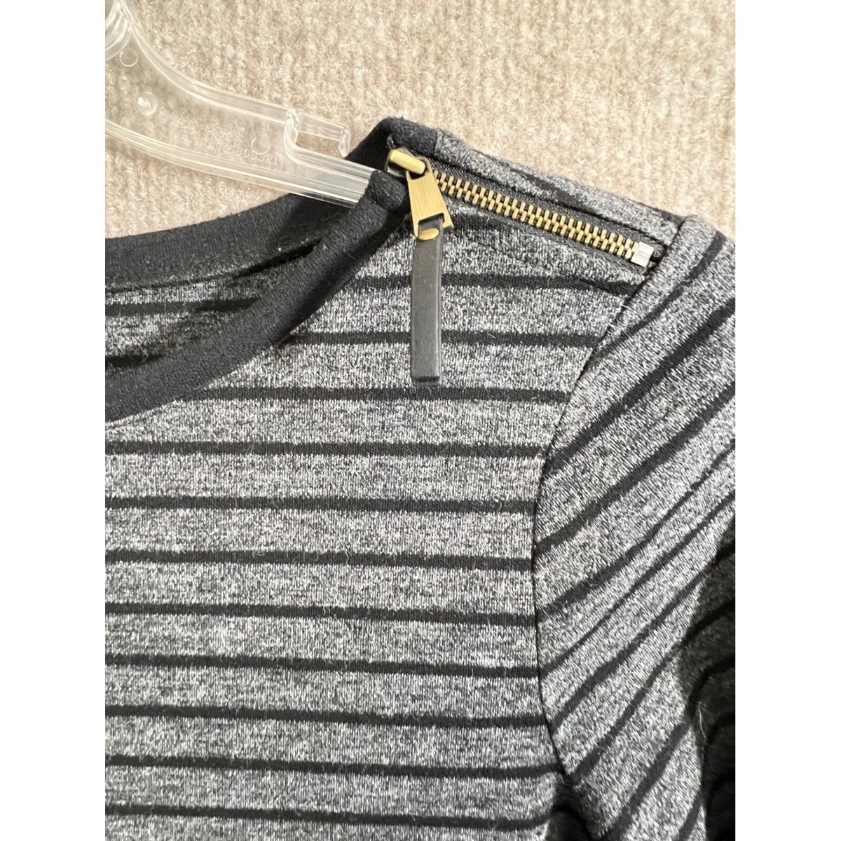 LOFT Gray Black Striped 3/4 Sleeve Knit Shift Dress with Zipper Detail Size S