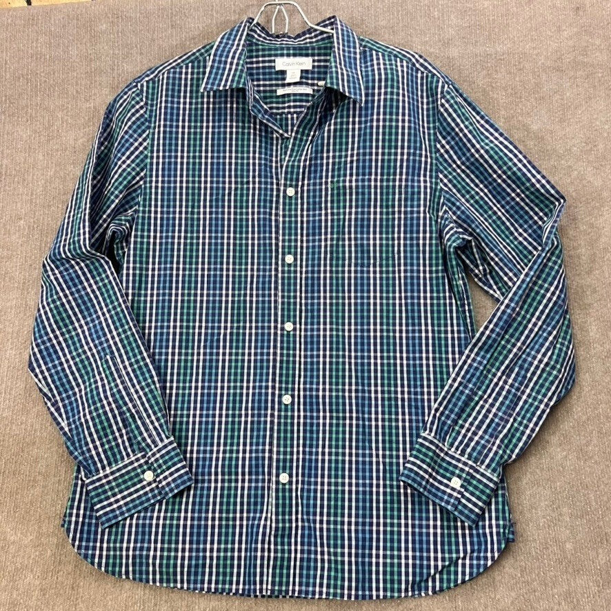 Calvin Klein Mens Large Green Blue Plaid Slim Fit Extra Fine Cotton Shirt