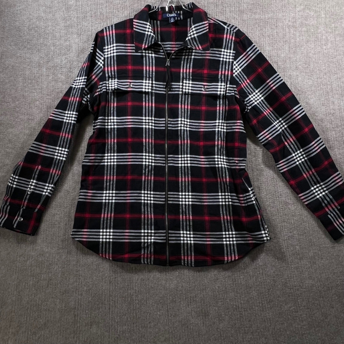 CHAPS Plaid Full Zip Flannel Shirt Jacket Red Black White L G Mens Long Sleeve