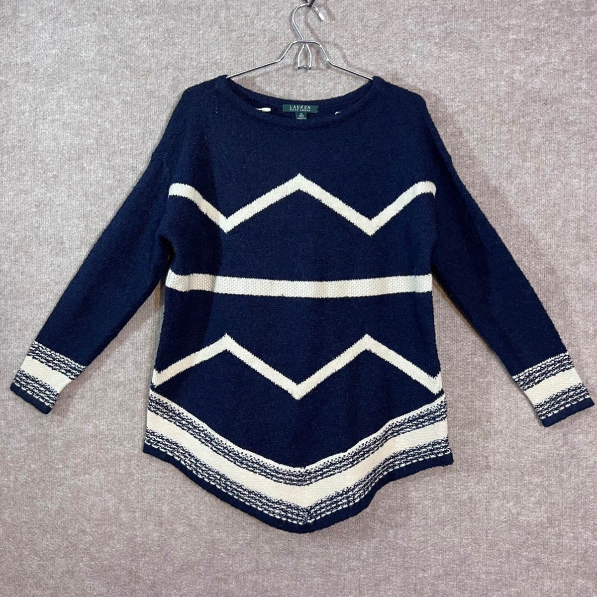 Lauren Ralph Lauren Sweater Womens Medium Navy Blue Chevron Wool Blend Preppy