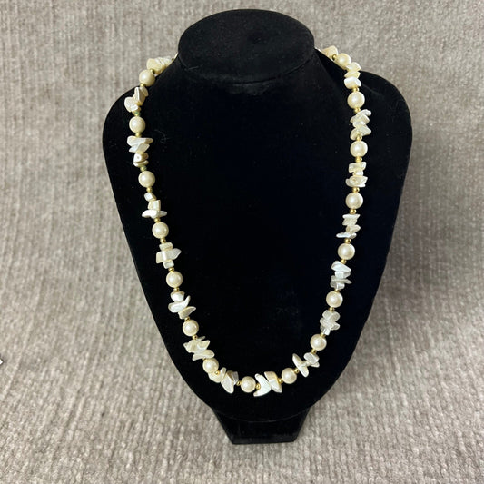 Vintage Simulated Pearl Chip Shell Gold Tone Beaded Necklace Costume Jewelry