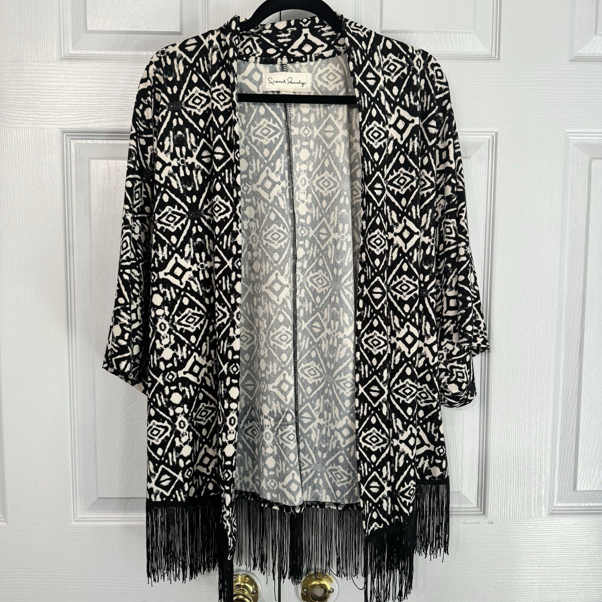 French Laundry black geometric kimono style fringed open jacket Sz M