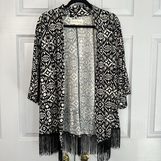 French Laundry black geometric kimono style fringed open jacket Sz M