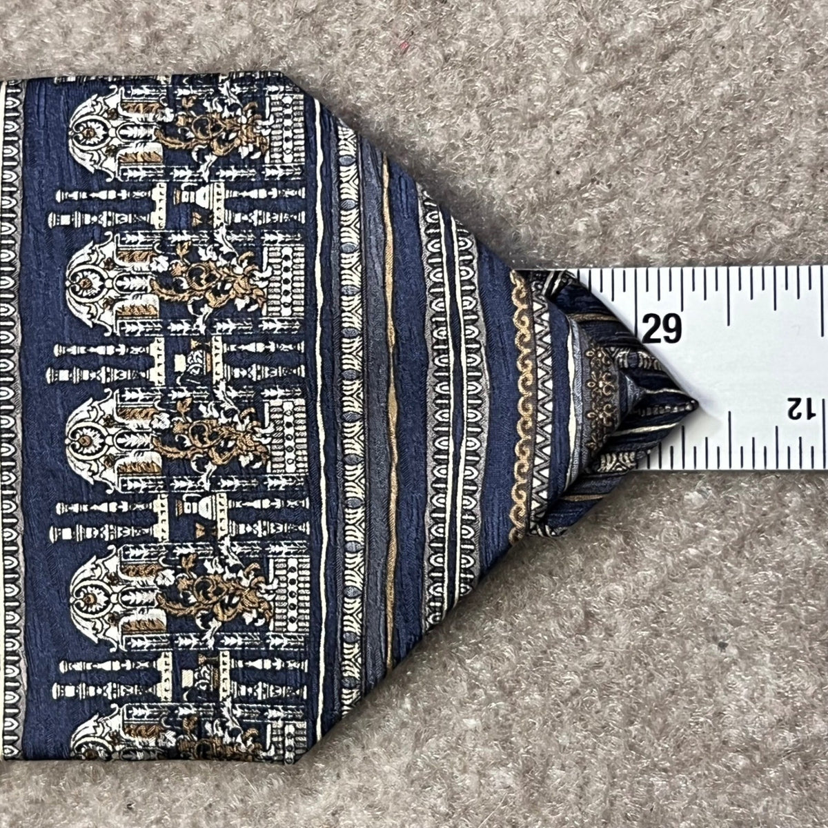 Tesoro Rosso Uomo Moda Blue Silk Necktie Architecture Pattern Art Deco Style