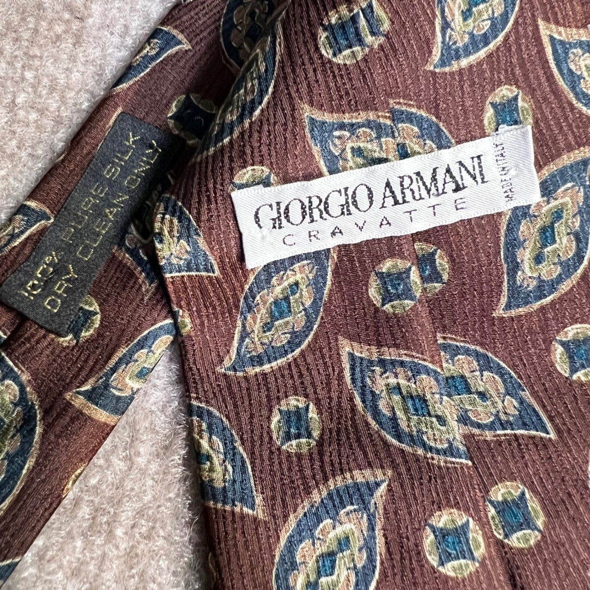 Vintage Giorgio Armani Tie Mens OS Brown Silk Medallion Geometric Designer