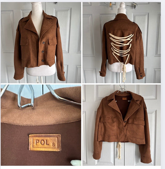 POL Jacket Small Brown Faux Suede Corset Lace Back Cowgirl Western Festival Boho
