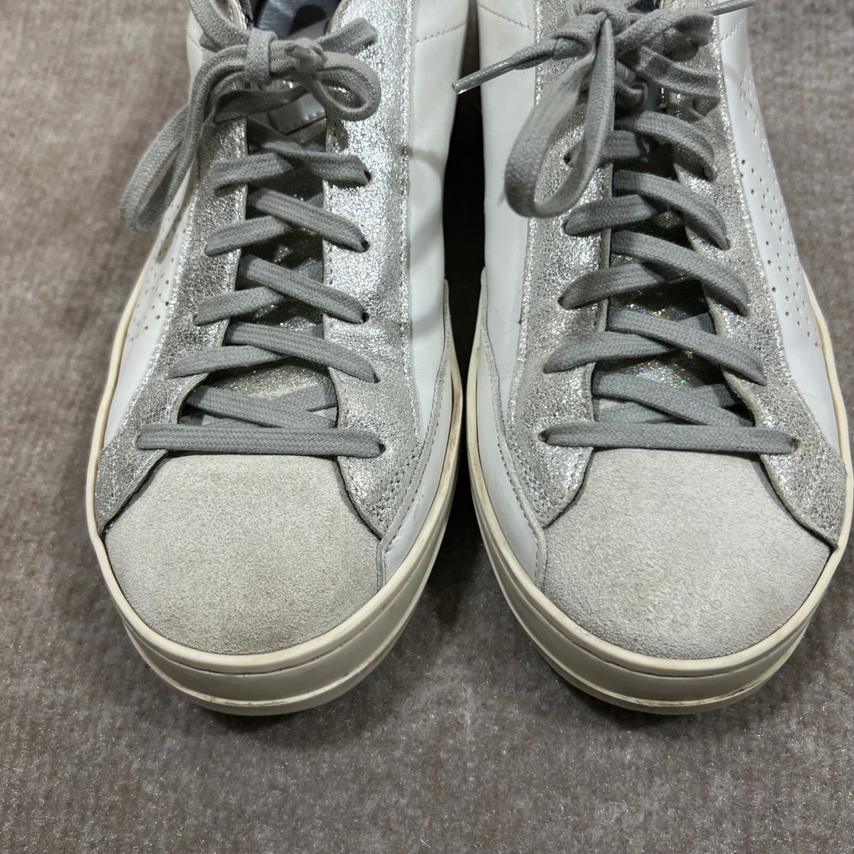 P448 John White Silver Glitter Leather Low Top Sneakers Size 41 US 10