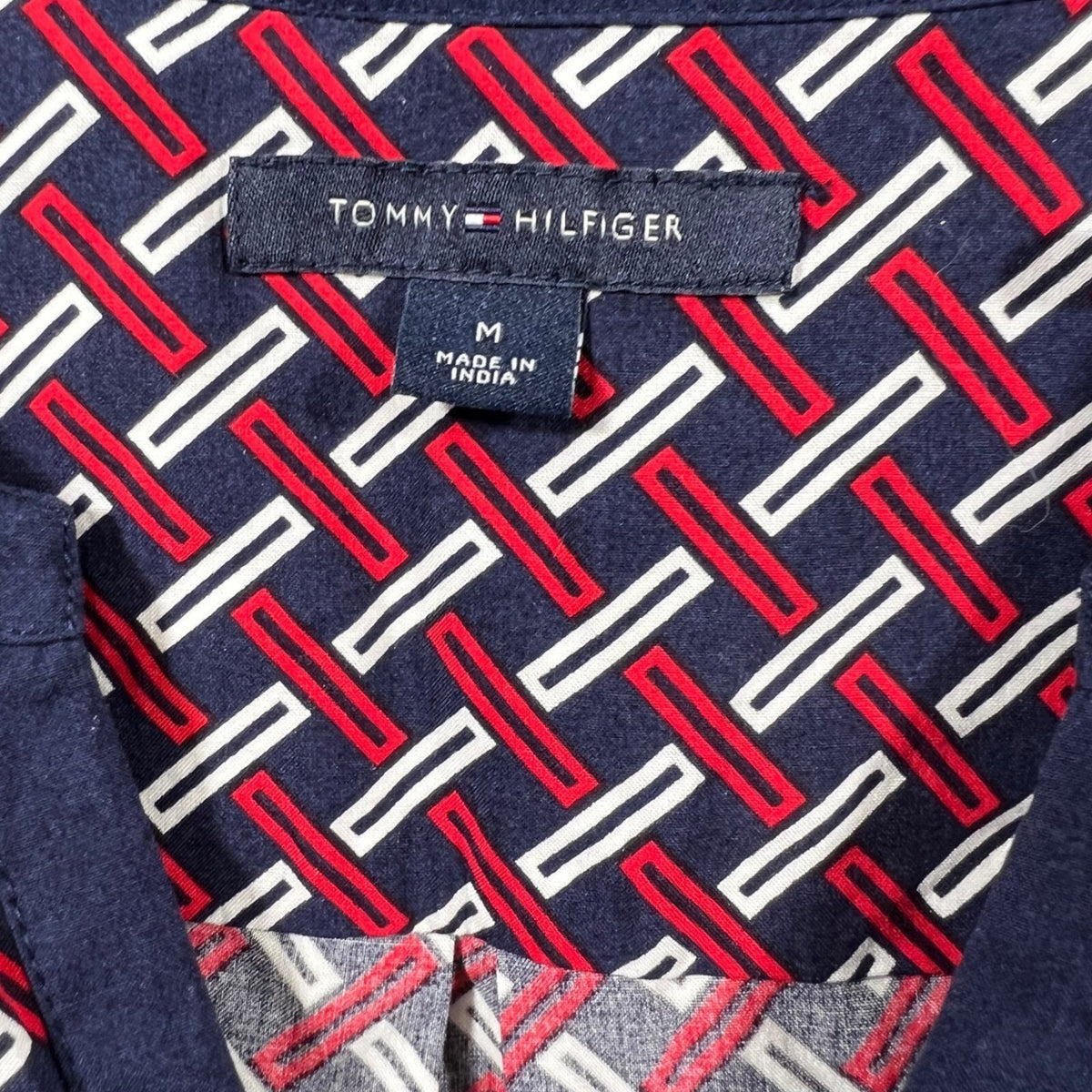 Tommy Hilfiger Shift Dress Women Size M Blue Red Geometric V-Neck Preppy Classic