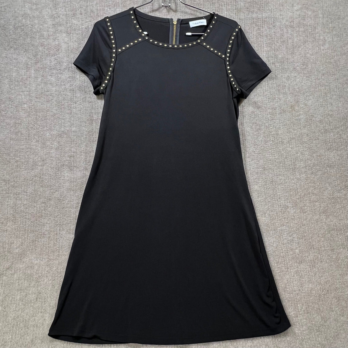 Calvin Klein Black Short Sleeve Studded Neck Shift Dress Gold Zipper