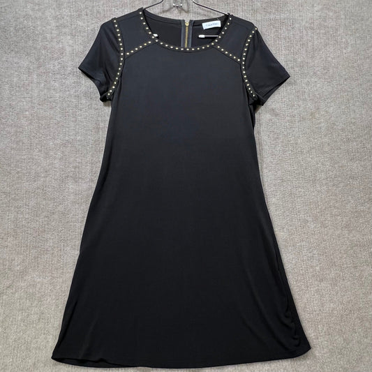 Calvin Klein Black Short Sleeve Studded Neck Shift Dress Gold Zipper