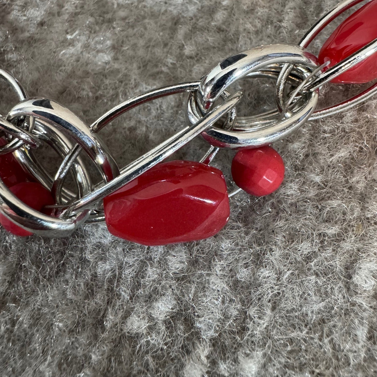 Statement Necklace Women Red Silver Tone Chunky Link Modern Contemporary