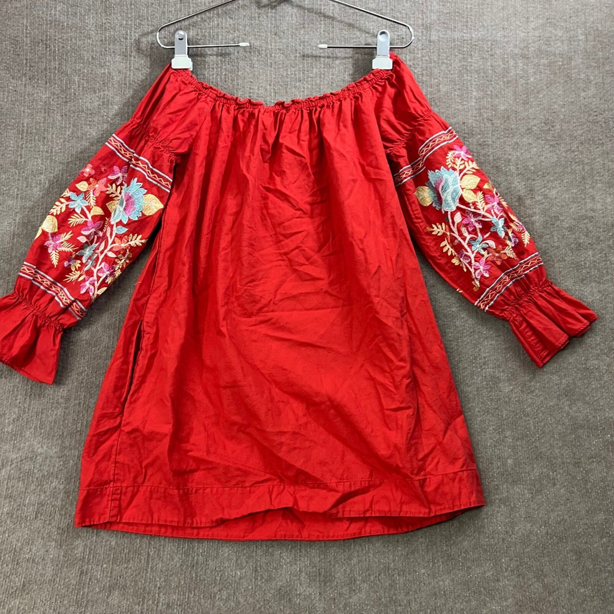 Free People Red Embroidered Off Shoulder Dress Bohemian Boho Milkmaid Size S