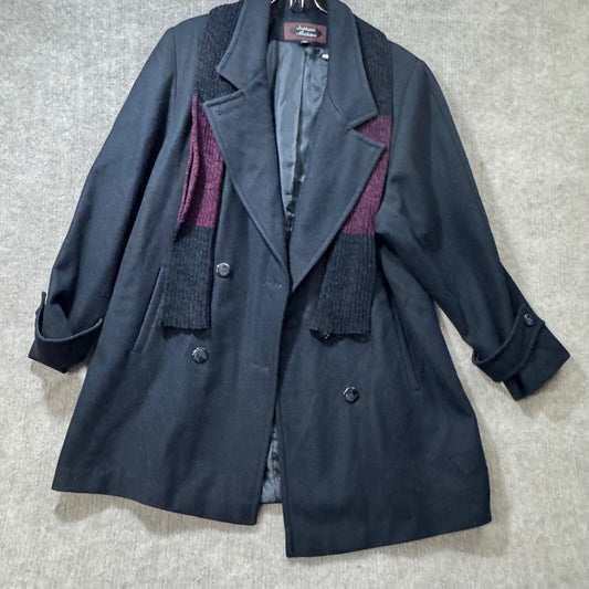 Stephanie Mathews Black Wool Blend Double Breasted Coat & Scarf Accent Size 14