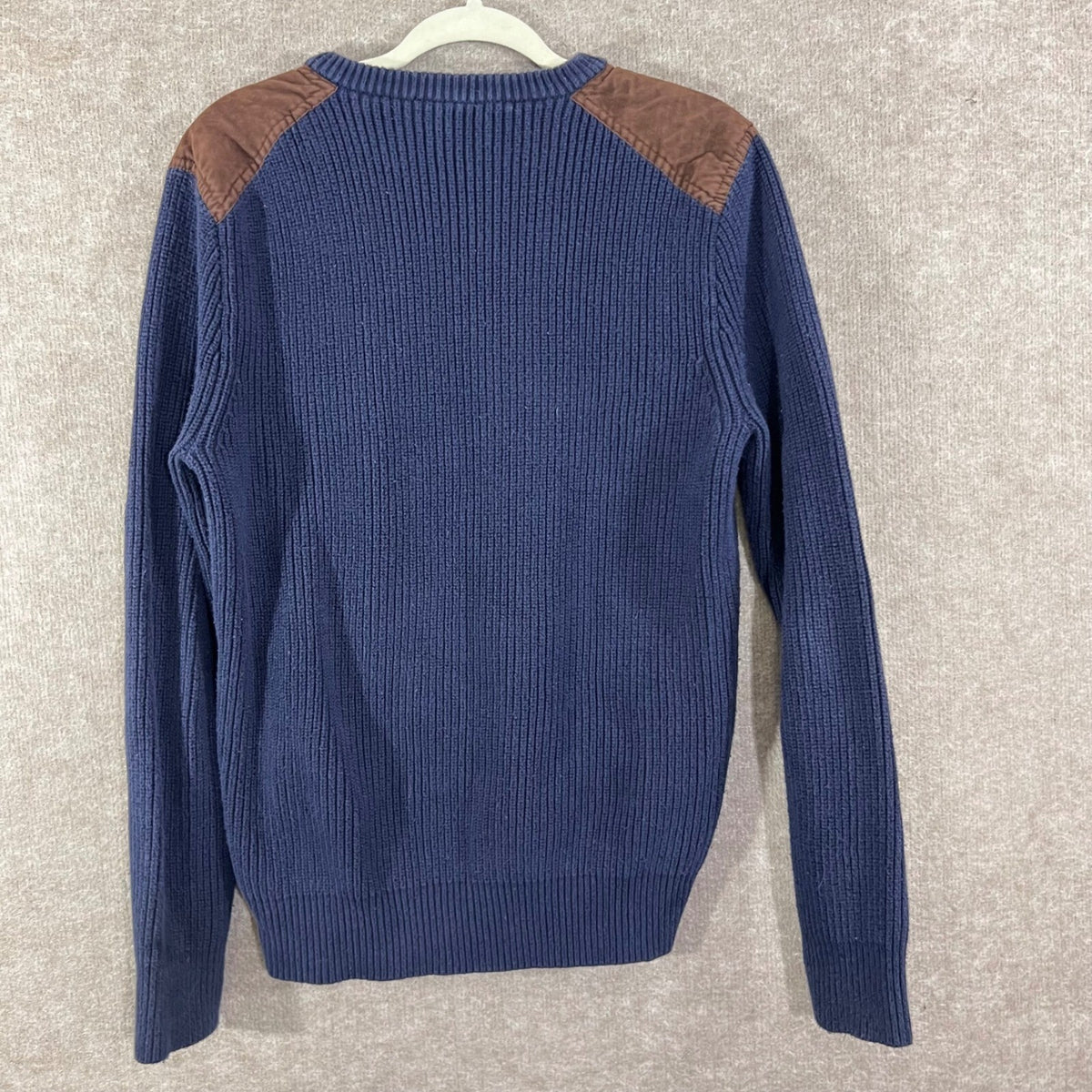 J Crew Sweater Mens Large Blue Ribbed shoulder Patch G9099 Preppy Minimalist