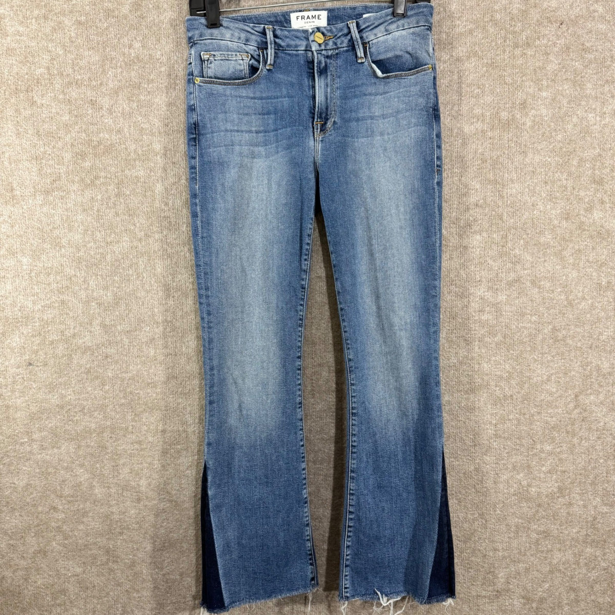 FRAME Le Crop Mini Boot Jeans Womens 27 Raw Hem Two Tone Denim Boho Minimalist