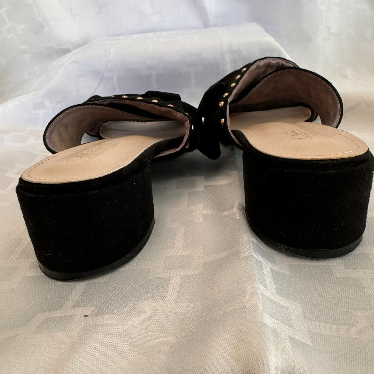 Catherine Malandrino Azaria Mules Women 8.5 Black Faux Suede Ruffle Studded Chic