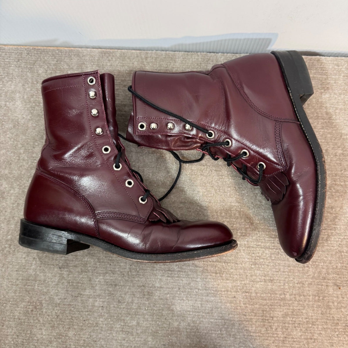 Vintage Justin Lace Up Boots Womens 6B Burgundy Leather Kiltie Western Cowgirl