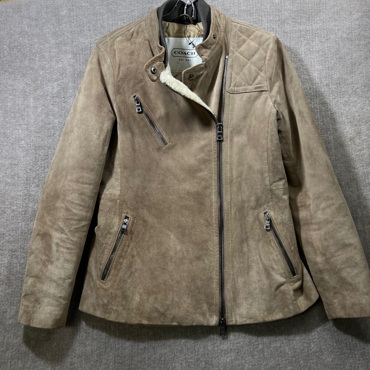 COACH Suede Biker Jacket Sherpa Lined Moto Taupe Quilted Size S No Belt