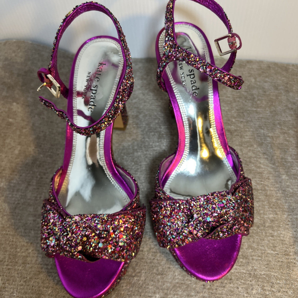 Kate Spade Rainbow Glitter Bow Miya Platform Open Toe Heels Size 9B NWOT