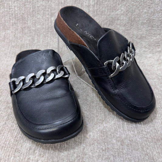 Vionic Black Leather Sz 6 Chain Mules Clogs Slip On Cork Footbed Comfort Shoes