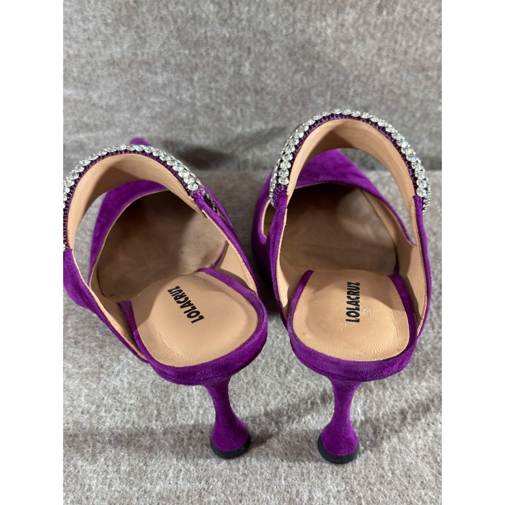 Lola Cruz Suede Mules Women 40 Purple Rhinestone Strap Pointed Toe Stiletto