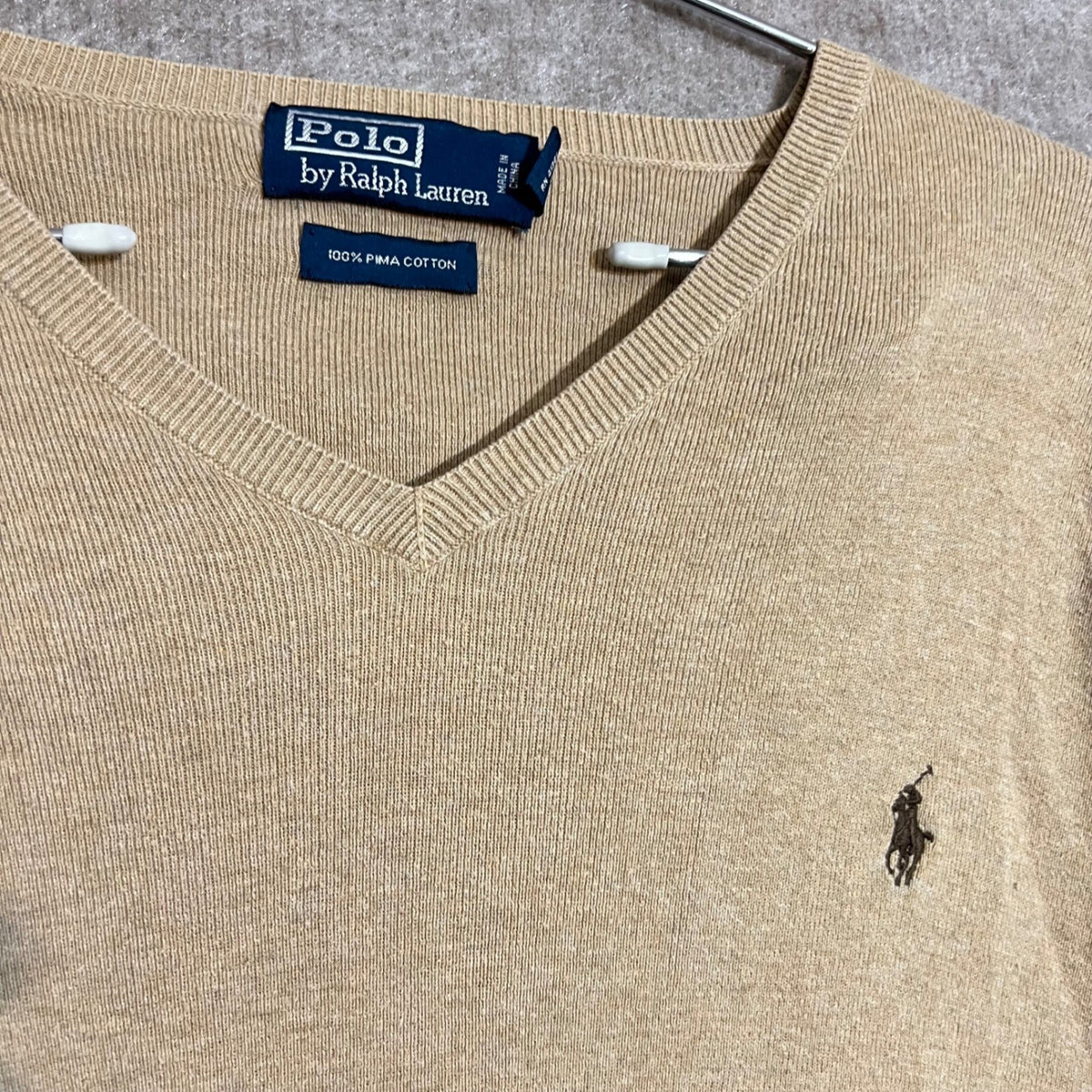 Polo Ralph Lauren V Neck Sweater Mens XL Tan Pima Cotton Pony Logo Preppy