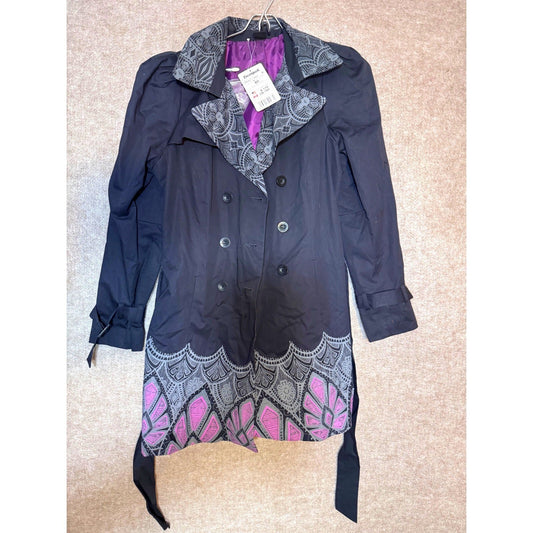 Desigual Olivia Trench Coat Women 40/10 Black Mandala Geometric Embroidered Boho