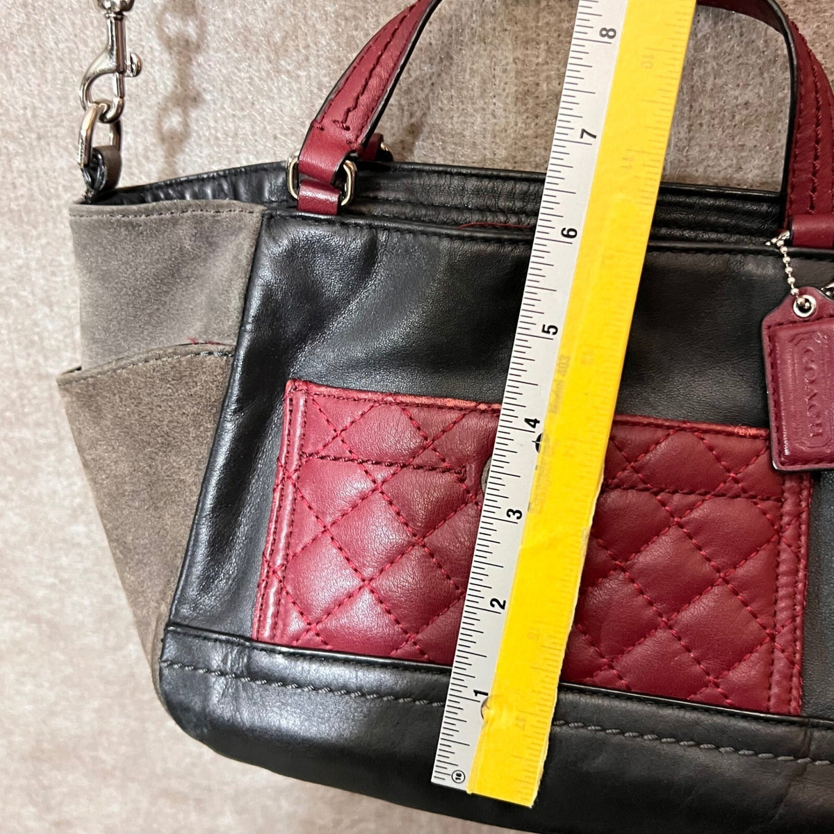 Coach Satchel Handbag Women Small Black Leather Suede Quilted Red Crossbody