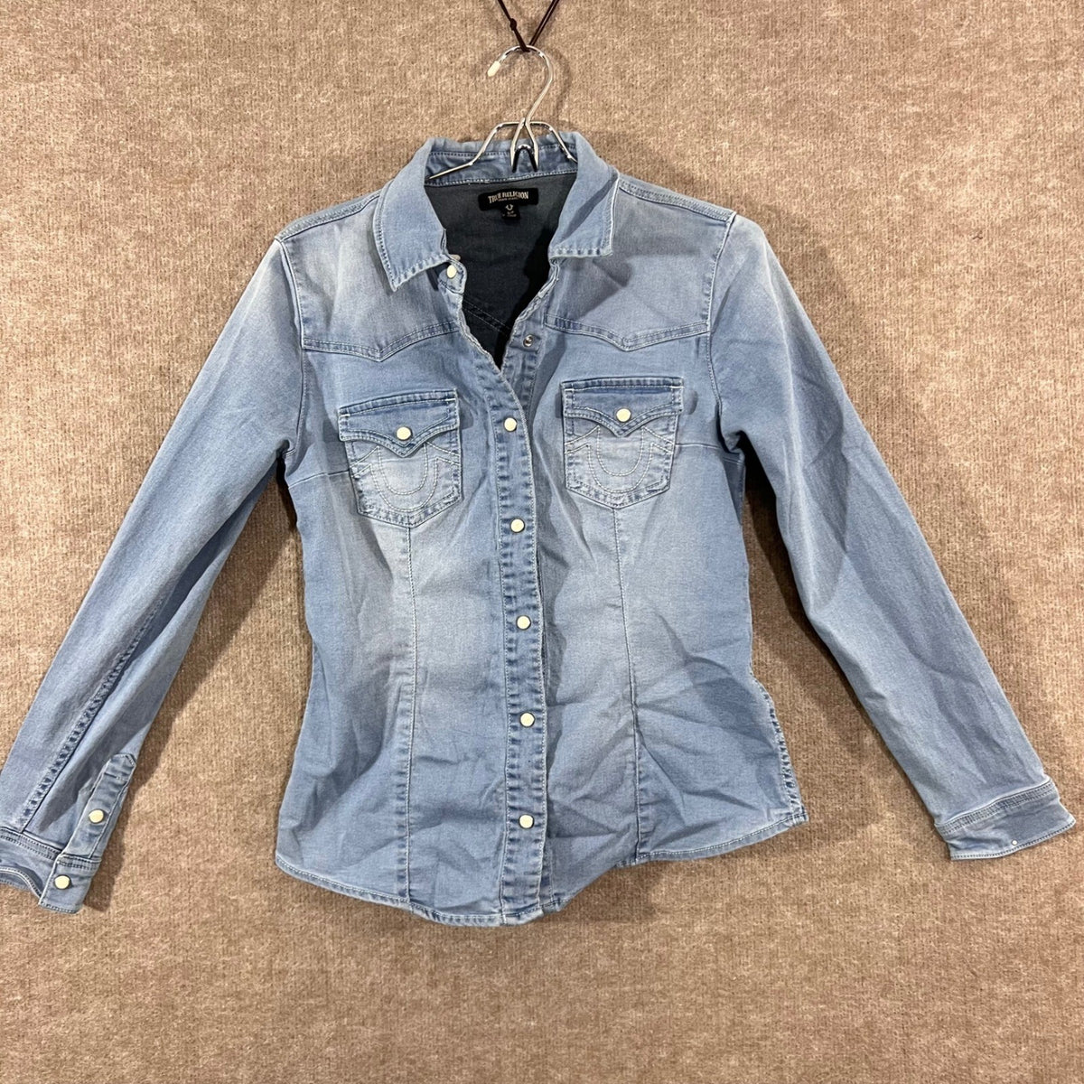 True Religion Western Denim Shirt Womens Small Blue Long Sleeve Pearl Snap Boho