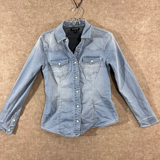 True Religion Western Denim Shirt Womens Small Blue Long Sleeve Pearl Snap Boho