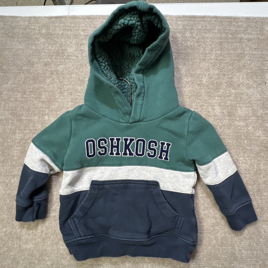 OshKosh Boys 12M Hoodie Fleece Sherpa Lined Pullover Green Blue Toddler