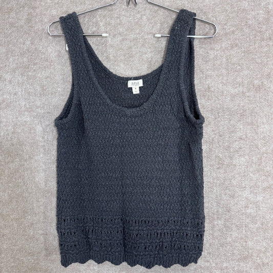 a.n.a Knit Tank Top Womens Medium Gray Cotton Crochet Hem Boho Casual