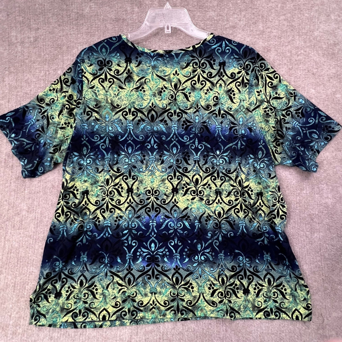 Allison Daley Top 2X Blue Green Black Pattern Short Sleeve
