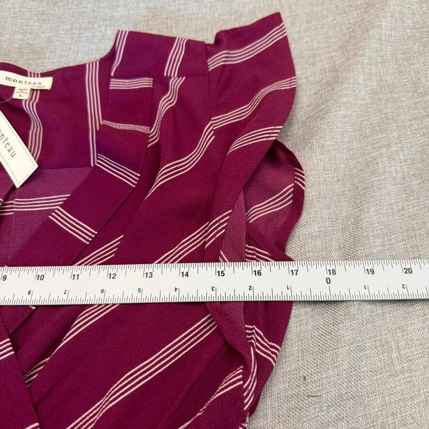 NWT Monteau Faux Wrap Lg Stripe V Neck Midi Dress w/ Flutter Sleeve Romantic