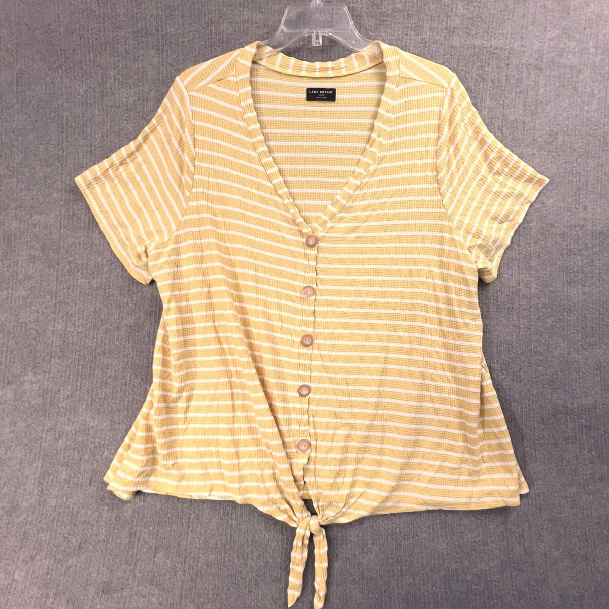 Lane Bryant Women's Plus Size 26/28 Yellow Striped Button Tie Front Top