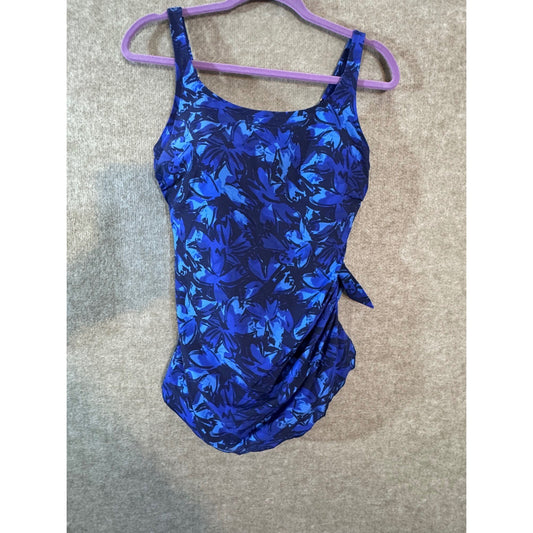 LL Bean One Piece UPF 40 Swimsuit 16 Floral Ruched Side Tie Coastal Tropical