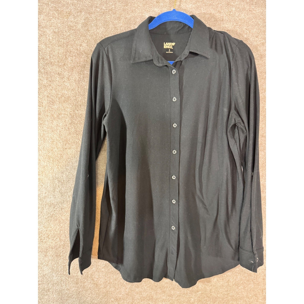 Lands End Button Down Shirt Womens Small Black Long Sleeve UPF 50 Stretch Work