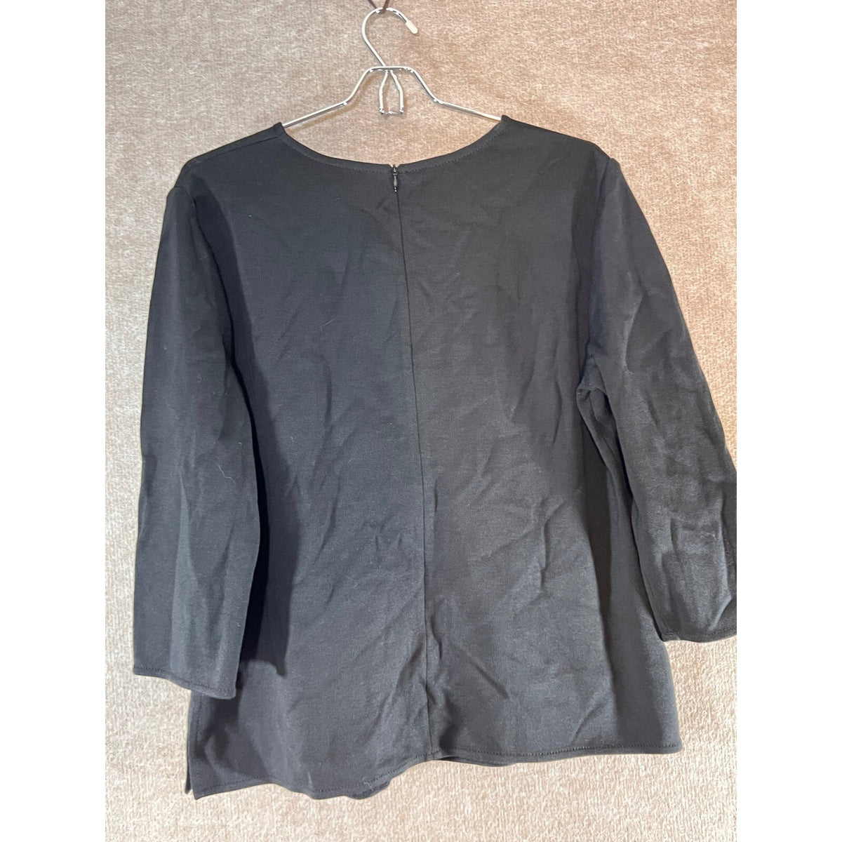 St John Top Women Large Black 3/4 Sleeve Knit Asymmetric Detail Blouse