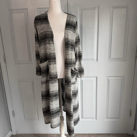 Lularoe Size S Sarah Duster | Boho Cozy Cocoon Coat | Patch Pockets Grey Stripe