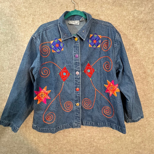 Sara Studio Woman Denim Jacket Women 1X Embroidered Patchwork Boho Art To Wear